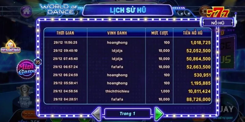 Lịch sử hũ hiển thị chi tiết, minh bạch